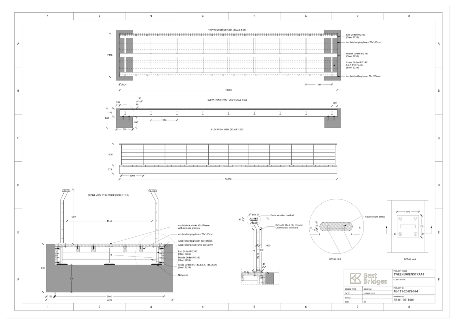bestbridges lab fabrication drawing of a small steel and timber bridge provided by BestBridges