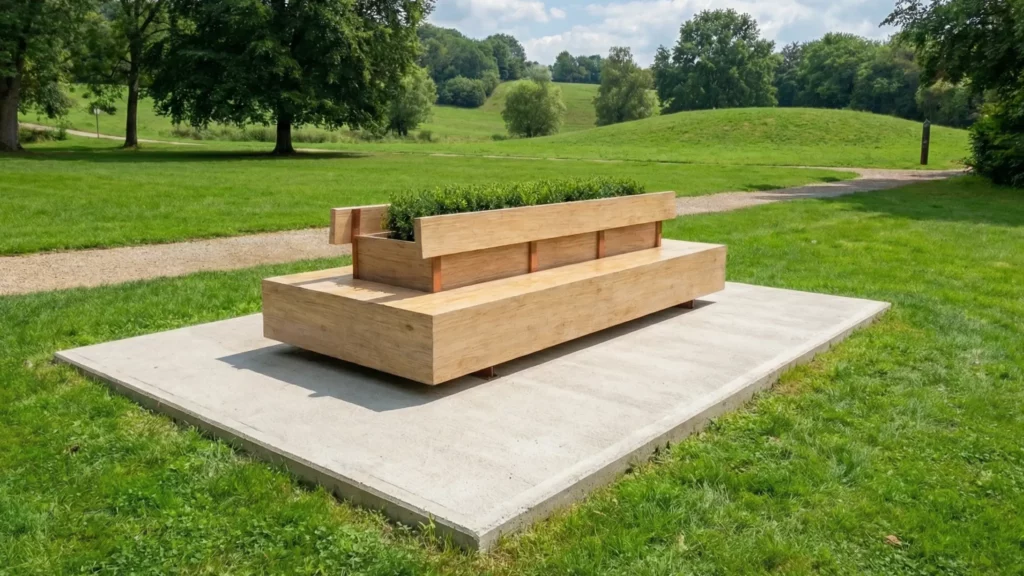 rectangular bench with central planter in public park