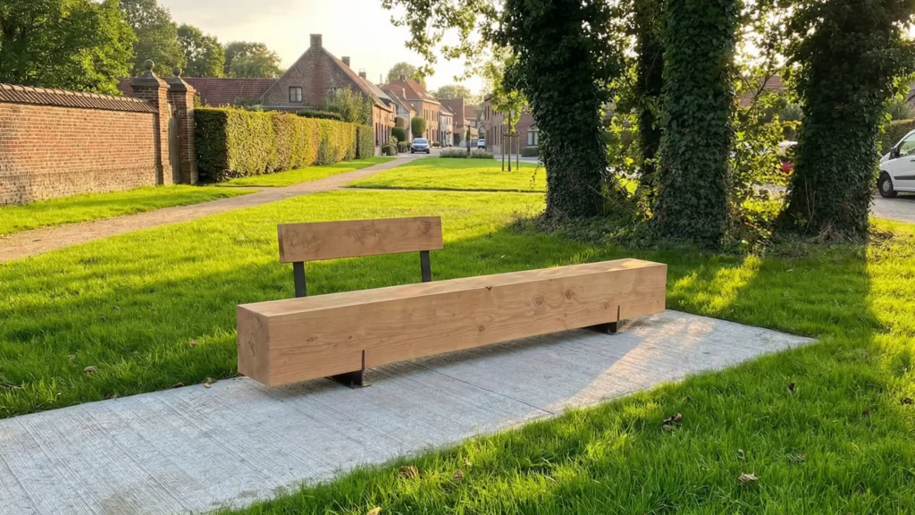long minimal wooden bench for public spaces