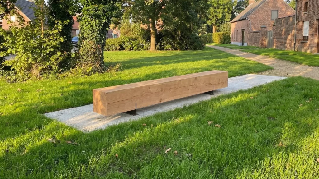 long minimal wooden bench for public spaces
