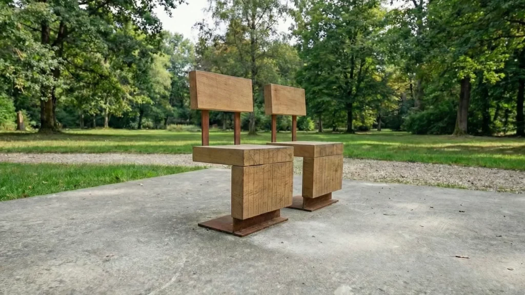 pair of seats made of wood in a public park