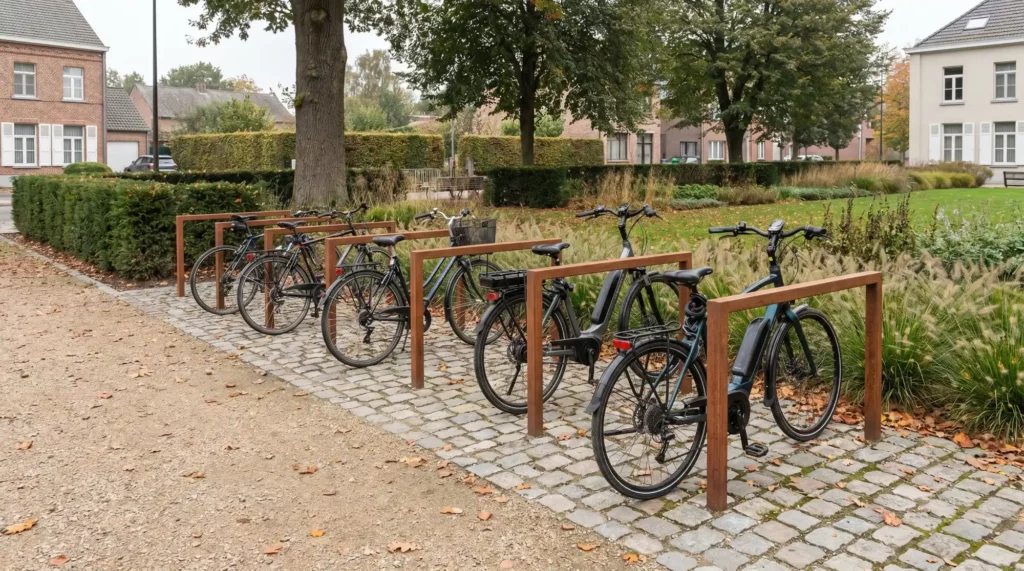 Fietsenrek met fietsen in een park