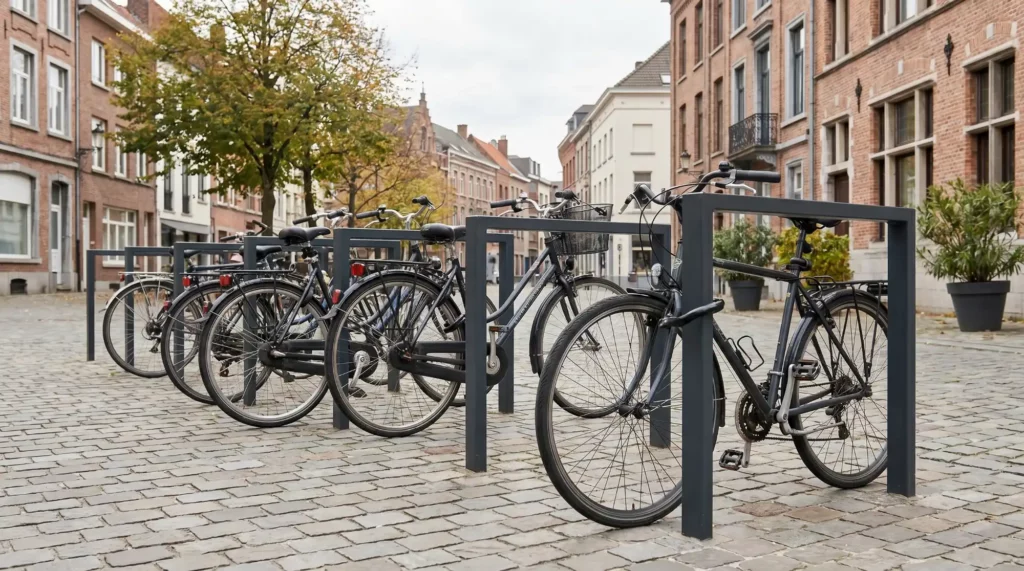 Rijwielen gestald op stenen plein