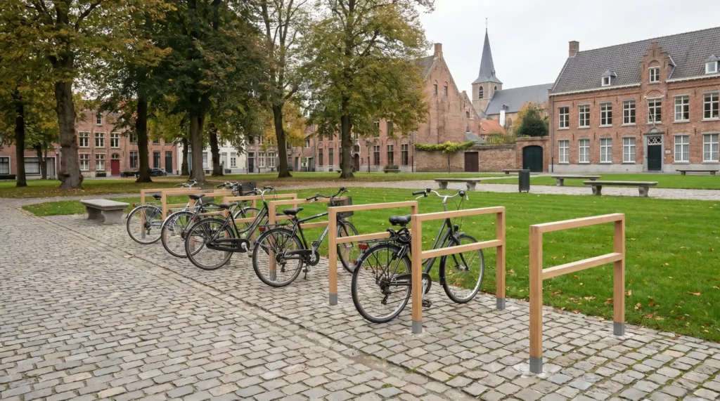 Fietsenrek met fietsen in de stad
