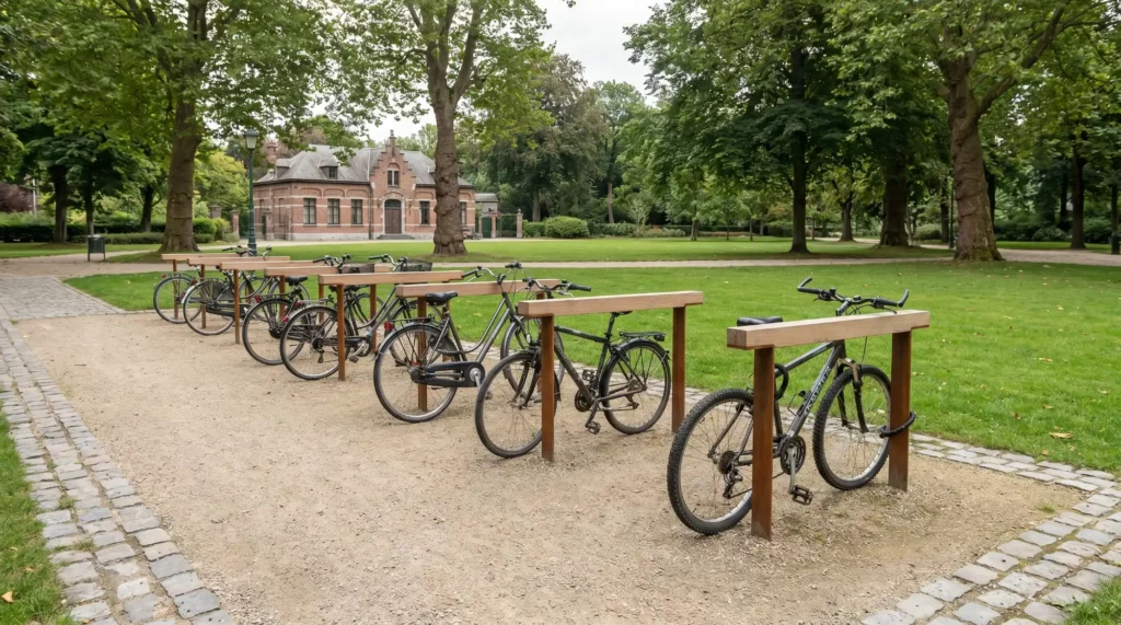 Fietsenrek met fietsen in park