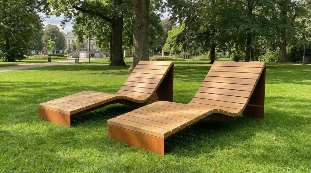 curved wooden seat in park