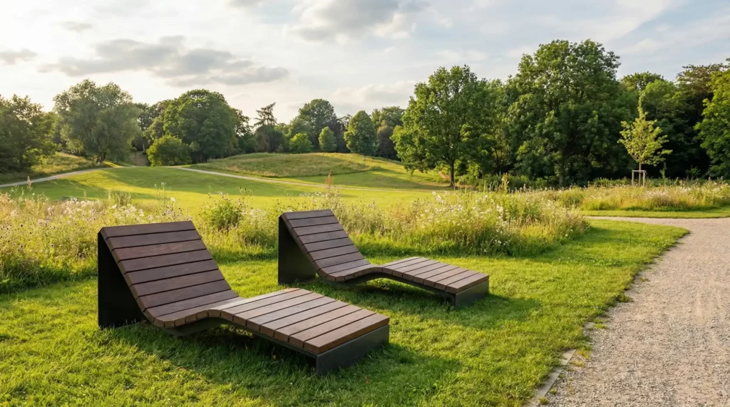 curved wooden seat in park