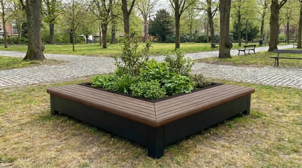 Hoekige plantenbak met zitbank in park