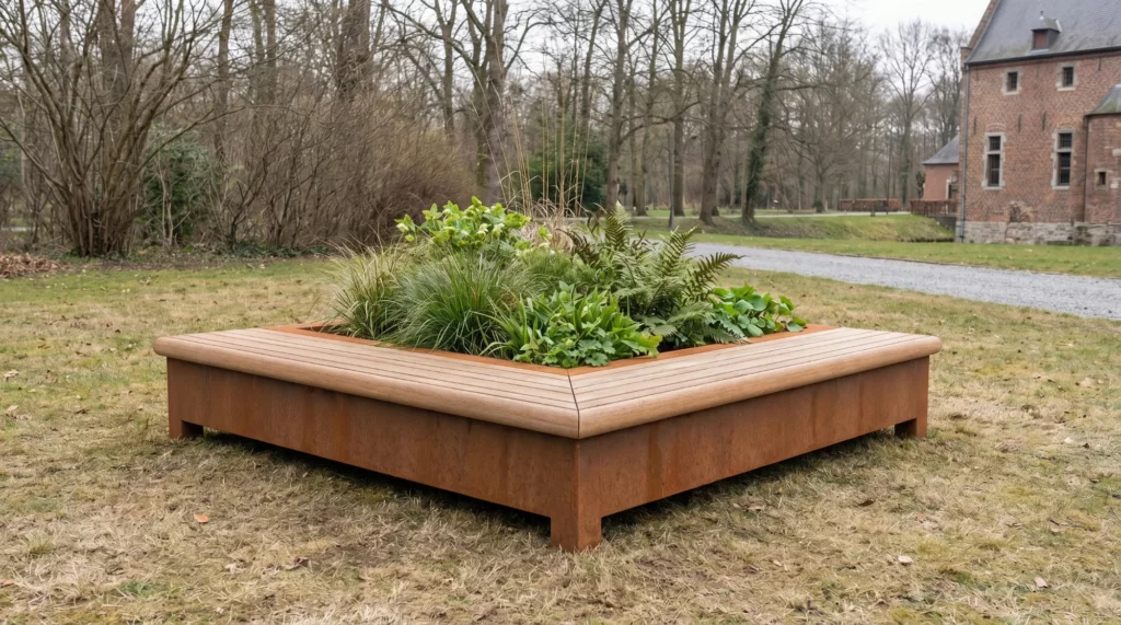 Rondom groen en roestvrij stalen zitbankje