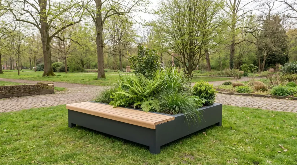 Moderne plantenbak met zitje in park