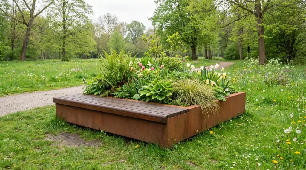 Roxe plantenbak met bankje in groen park