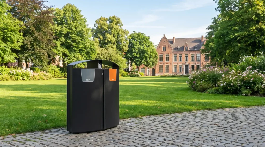 Afvalbakken in park met gebouw