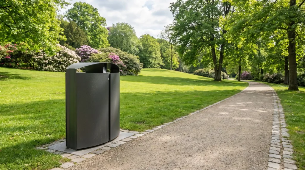 Vuilbak in groen park met pad