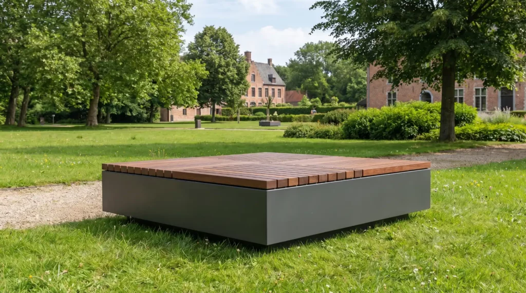Moderne houten zitbank in park