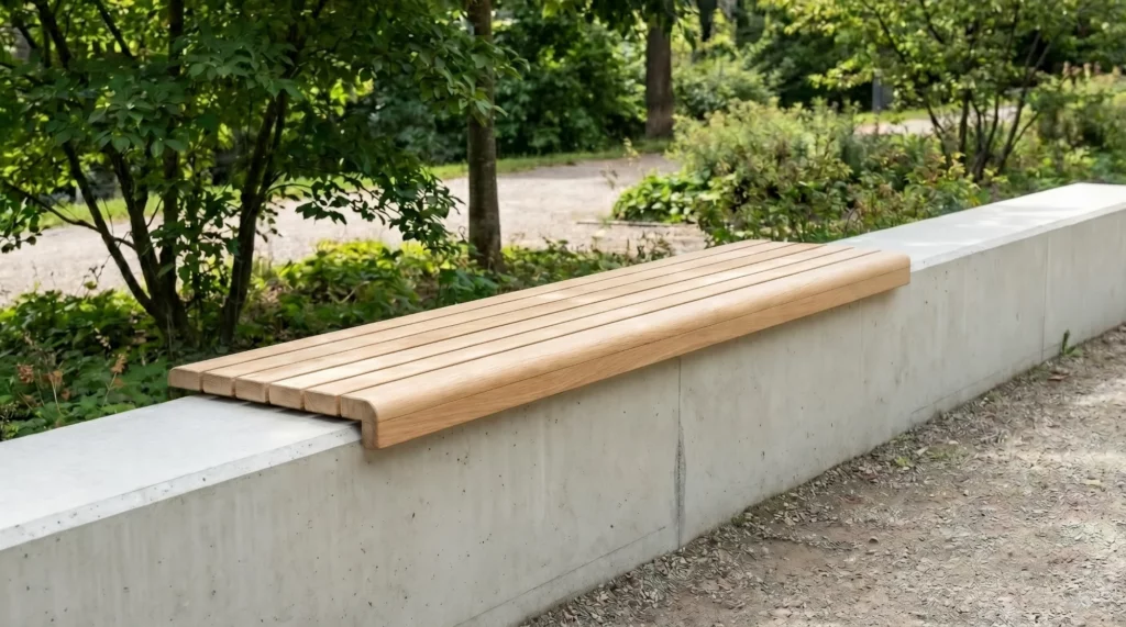 Houten zitbank op betonnen muur