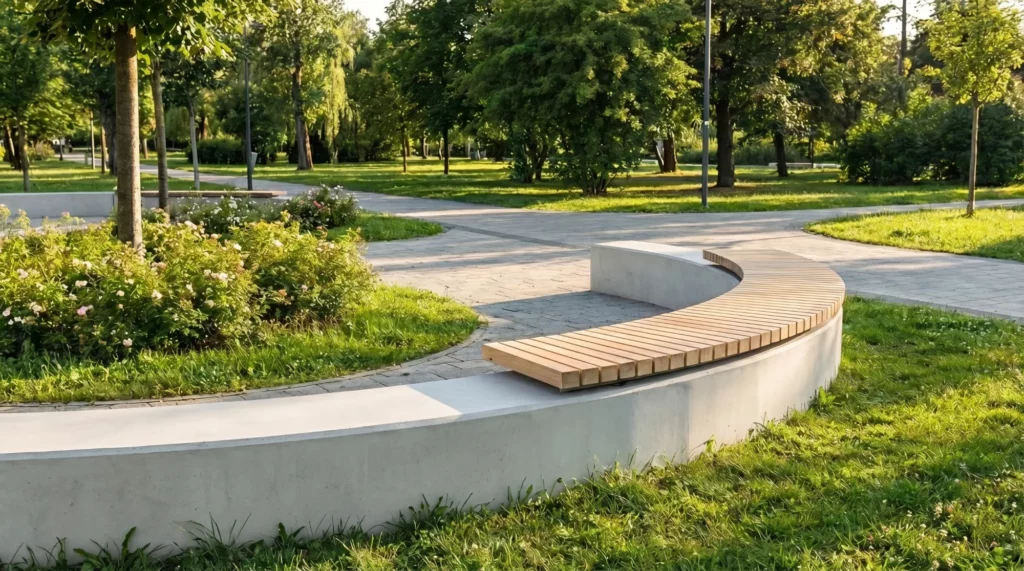 Moderne betonnen bank in park