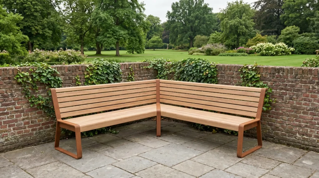 Houten hoekbank in tuin