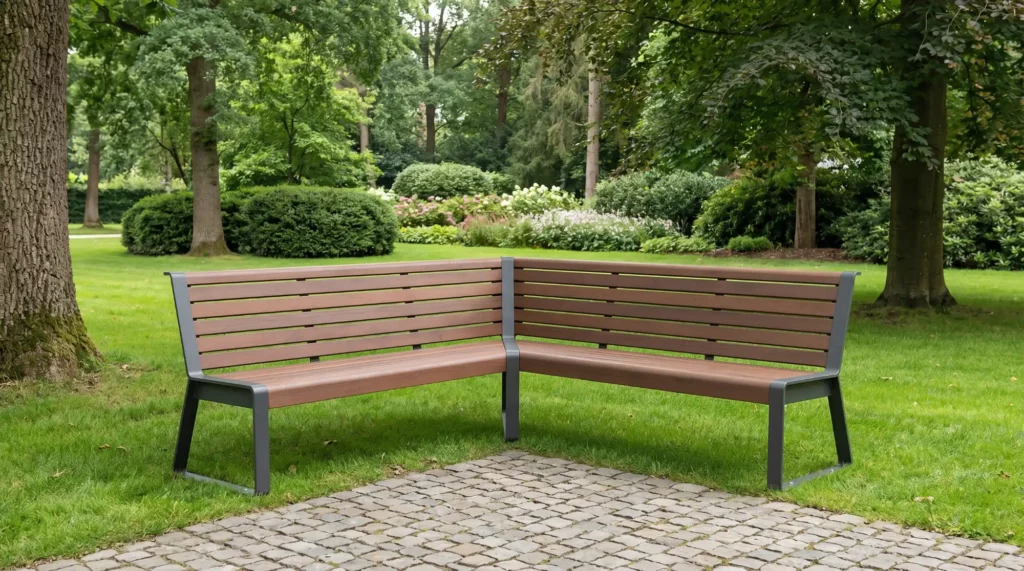 L-vormige houten parkbank in groen park