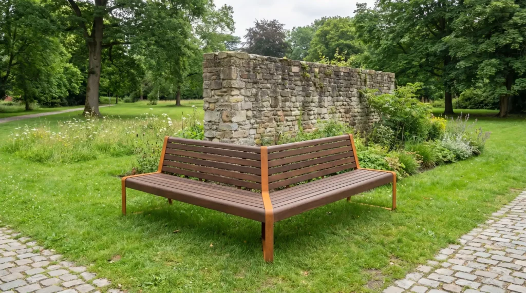 Hoekbank in park bij stenen muur
