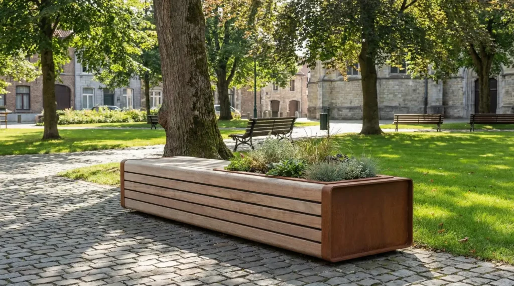 planter and bench in public park