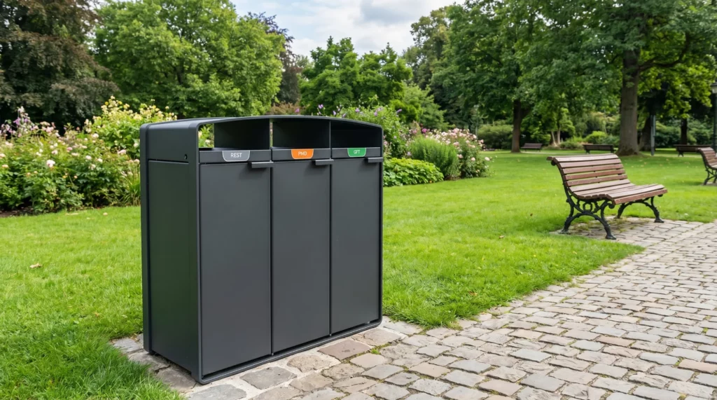 Afvalbak met drie vakken in park
