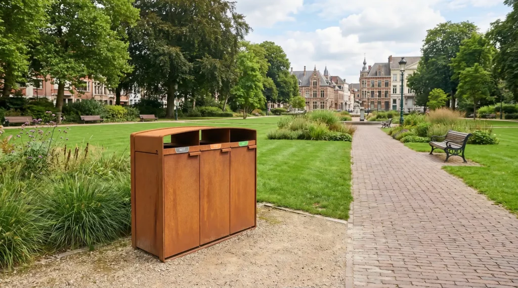 Roestige afvalbak in groen stadspark