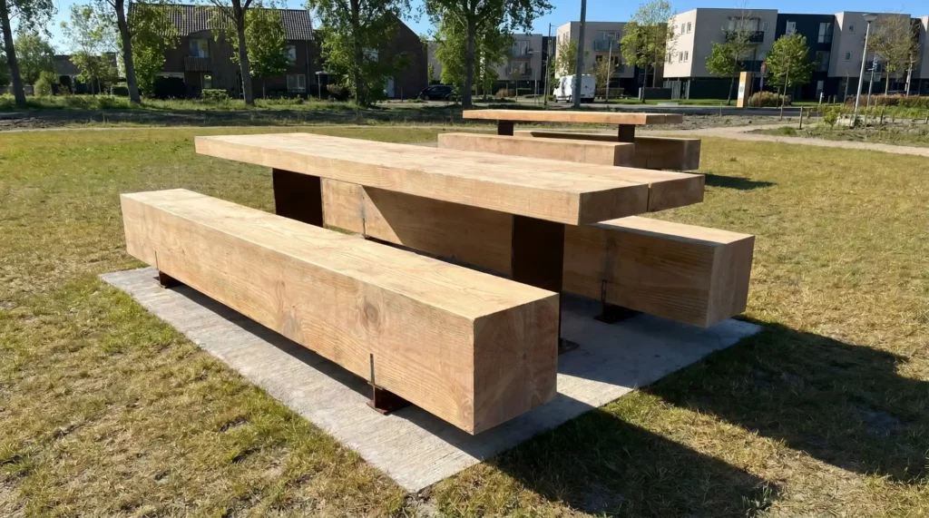 Houten picknicktafel met banken in park