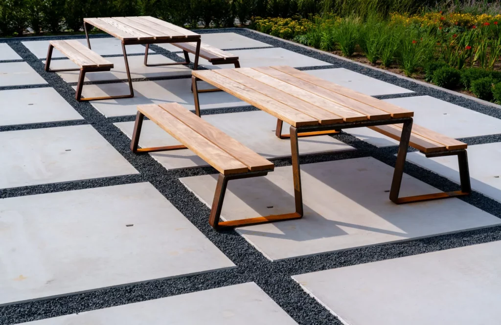 Houten straatmeubilair op modern terras