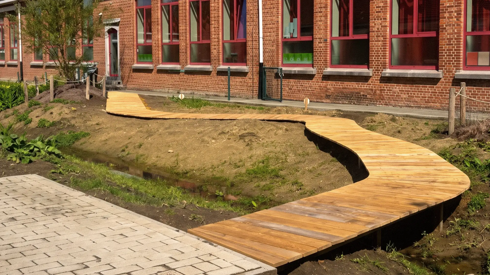 Houten vlonderpad met organische bochten in de schoolomgeving van De Beuk